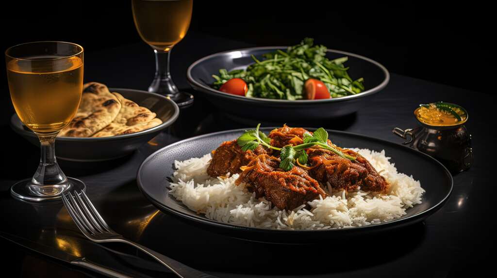 plate food with rice vegetables table